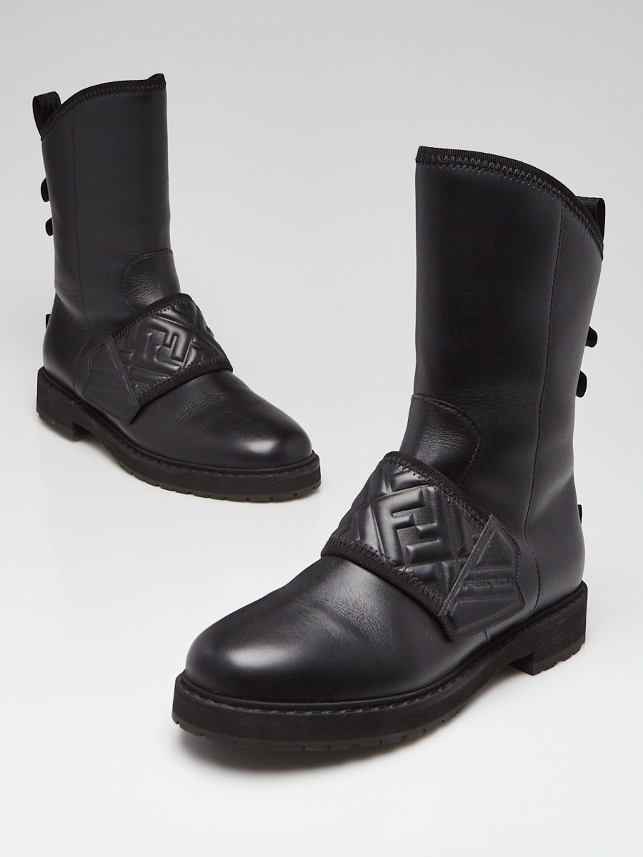 Fendi Black Leather Stivaletti FF Biker Boots Size 7.5/38 - Yoogi's Closet
