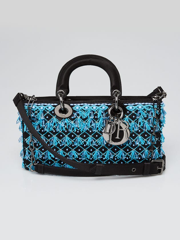 Christian Dior Black Satin and Turquoise Beaded Fringe Lady D-Joy Bag