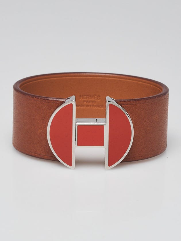 Hermes Gold Tadelakt Leather Palladium Plated 2002 Manchette Bracelet Size T2