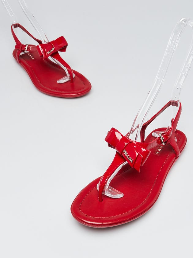 Prada Red Patent Leather T-Strap Bow Sandal Size 5.5/36