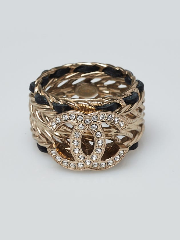 Chanel Goldtone Metal and Leather Entwined Crystal CC Ring Size 7