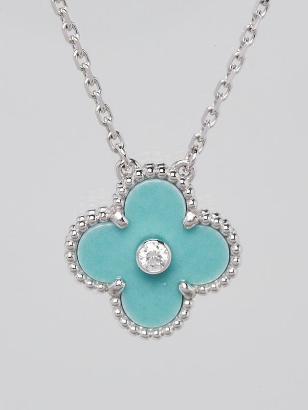 Van Cleef & Arpels 18k White Gold Celadon Green Sevres and Diamond Vintage Alhambra Pendant