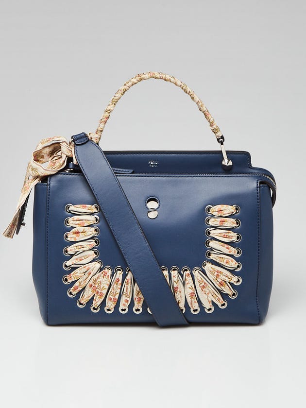Fendi Ori Blue Calfskin Fabric Stitched Dot Com Satchel Bag 8BN293