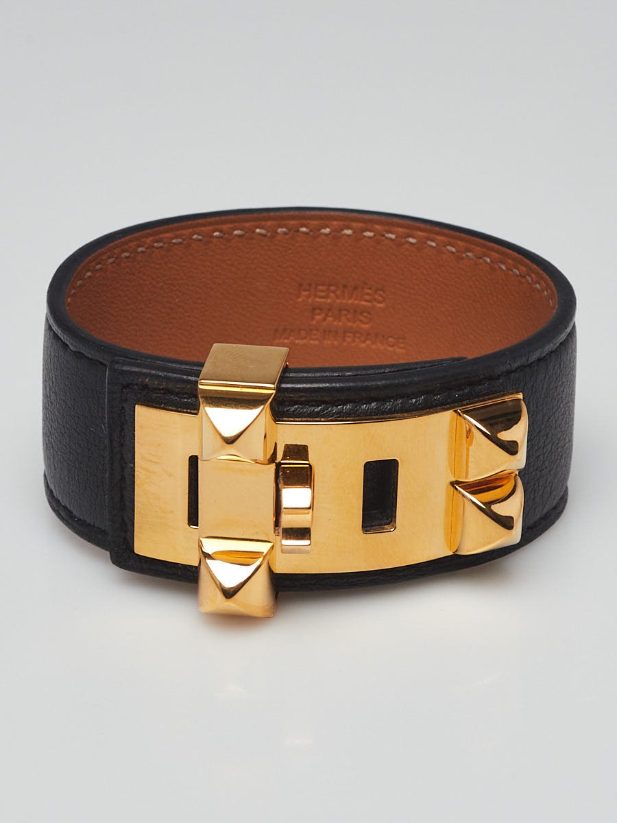 Hermes Black Swift Leather Gold Plated Collier De Chien 24 Bracelet Size T2  - Yoogi's Closet