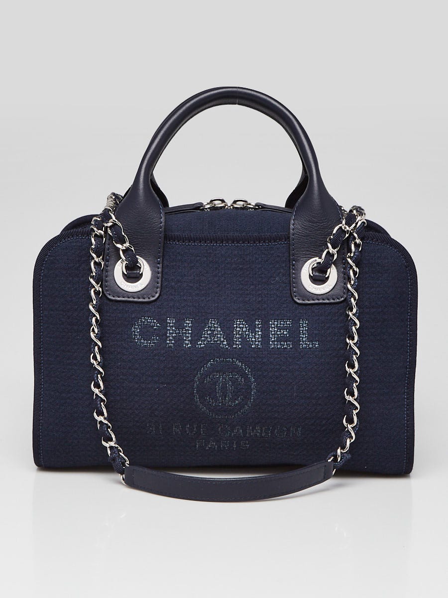 Chanel Navy Blue Canvas Small Deauville Bowling Bag - Yoogi's Closet