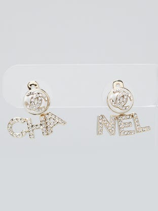Goldtone Metal Pearl and Crystal Logo Letter Stud Earrings