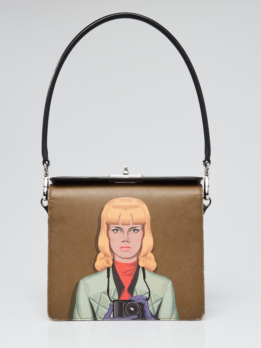 Prada Militare and Smeraldo Saffiano Leather Girl-print Shoulder Bag B5043F