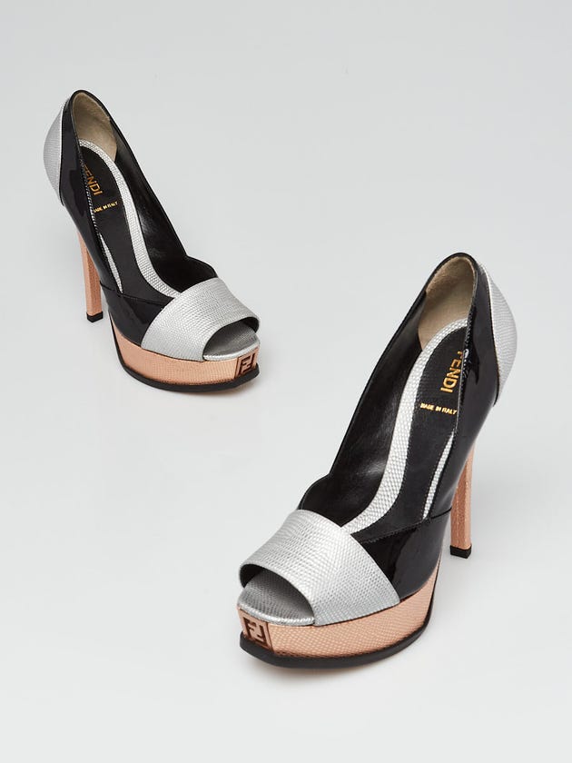 Fendi Multicolor Colorblock Lizard-Embossed Leather Fendista Peep Toe Pumps Size 7.5/38