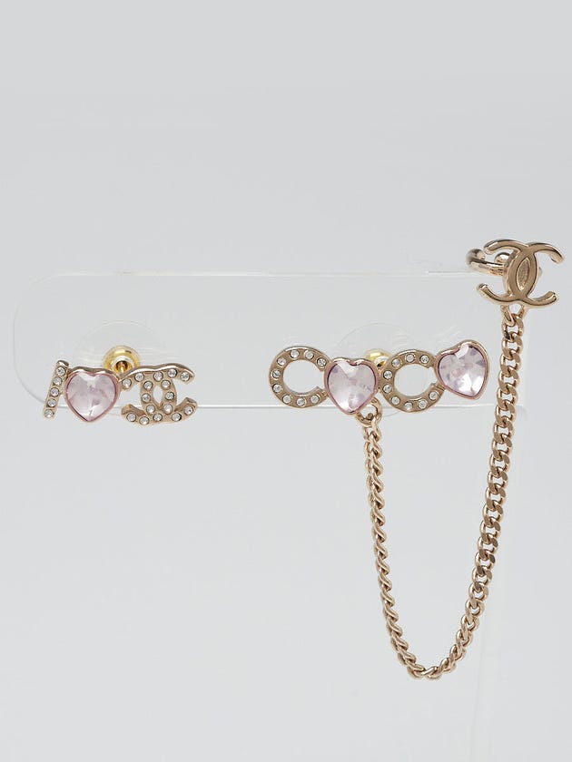 Chanel Goldtone Metal Pink Crystal I Heart CC Coco Ear Cuff Earrings
