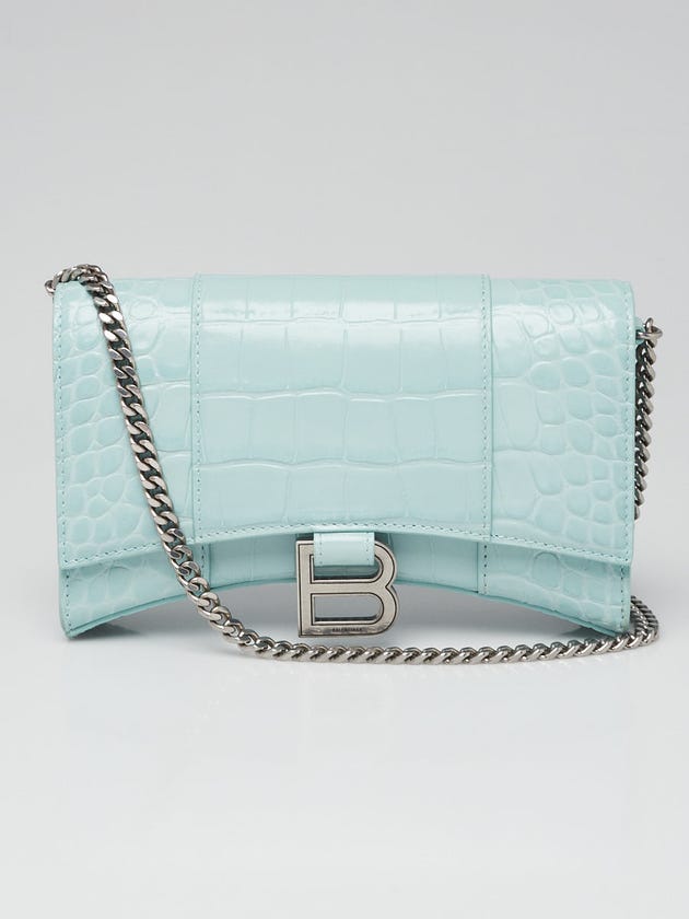 Balenciaga Light Green Croc Embossed Leather Soft Hourglass Wallet On Chain Bag