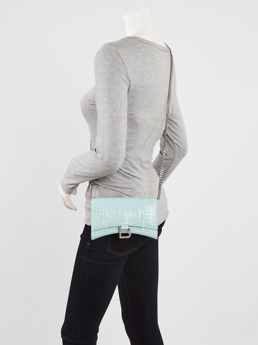 Balenciaga Light Green Croc Embossed Leather Soft Hourglass Wallet On Chain Bag
