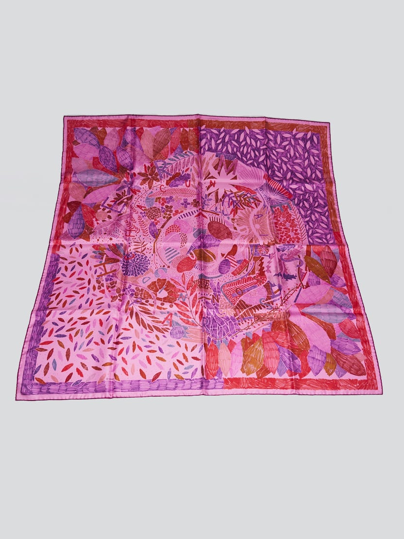 Hermes Cyclamen/Violet/Rouge Silk Chacun Fait Son Nid Scarf 90cm