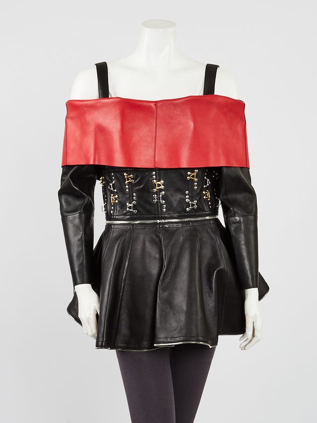 Alexander McQueen Black/Red Leather Zip Front Cold-Shoulder Jacket Size 6/42