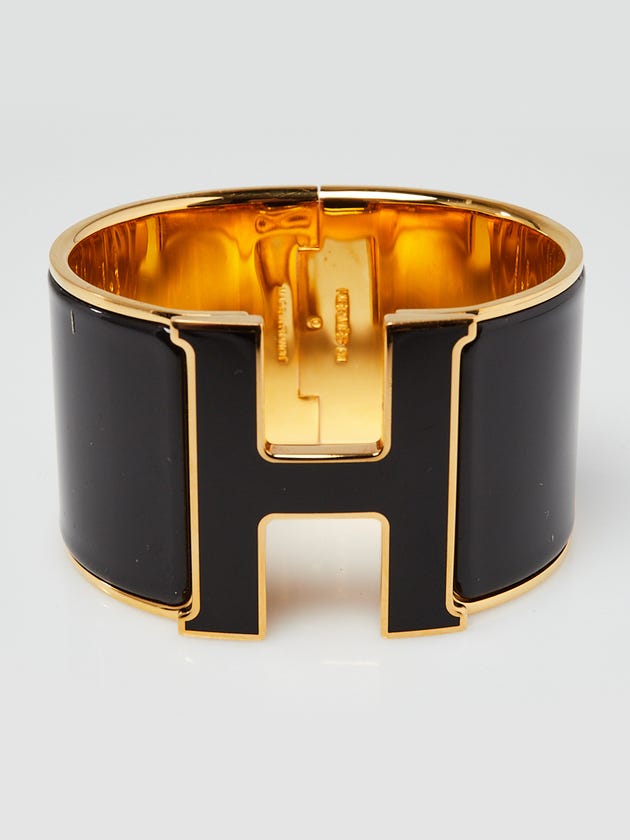 Hermes Black Enamel Gold Plated Clic-Clac H GM Extra Wide Bracelet