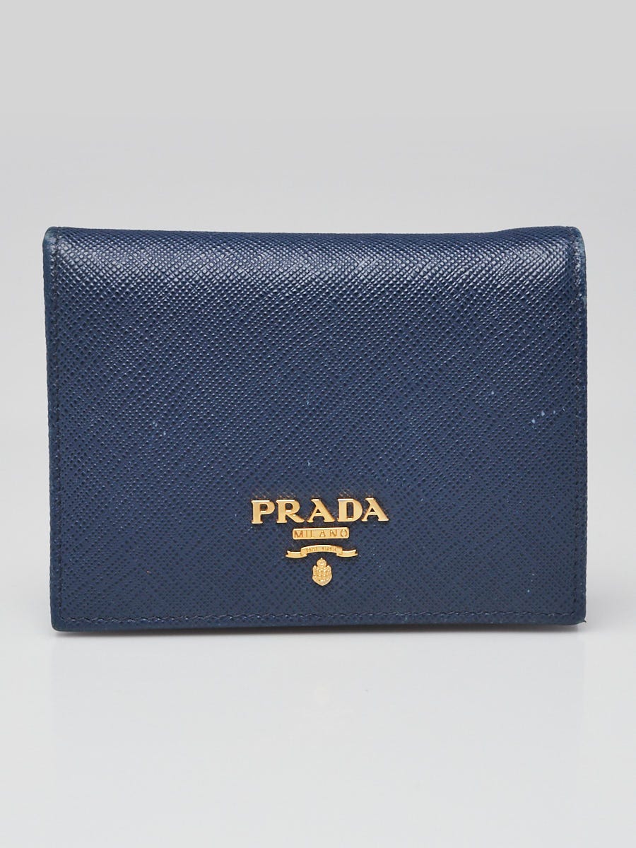 Prada Blue Saffiano Leather Bi-Fold Compact Wallet - Yoogi's Closet