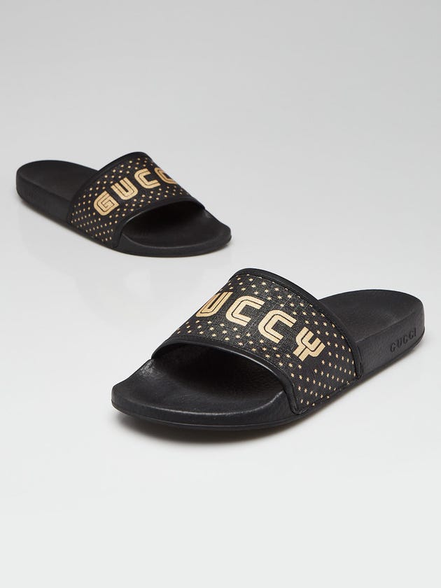 Gucci Black/Gold Rubber GUCCY Pool Slide Sandals Size 10.5/41