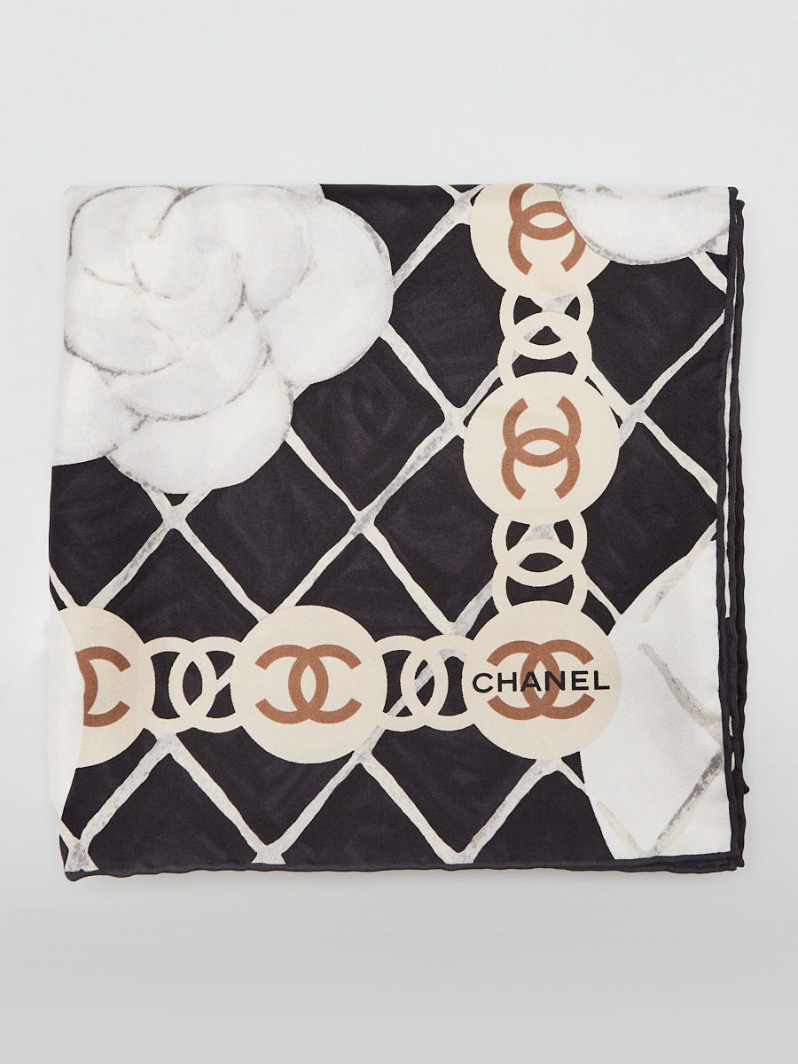 Chanel Black/White Silk Camellia Print Square Scarf