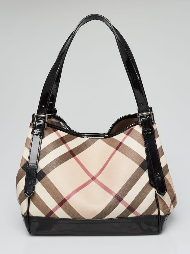 Burberry Black Patent Leather Nova Check Coated Canvas Small Canterbury Tote Bag
