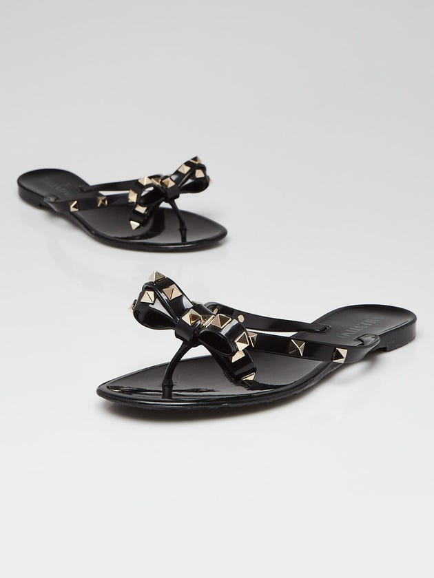 Valentino Black PVC Bow Rockstud Thong Sandals Size 5.5/36