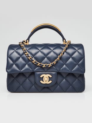 Blue Quilted Lambskin Leather Rectangular Mini Top Handle Flap Bag