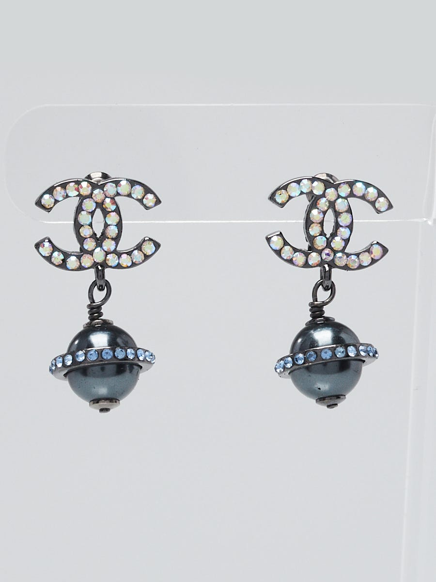 Chanel Ruthenium Metal and Rainbow Crystals CC Faux Pearl Drop