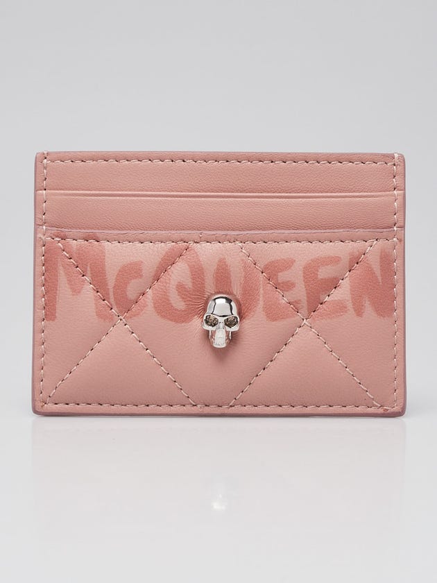 Alexander McQueen Pink Quilted Leather and Silvertone Skull Card Holder