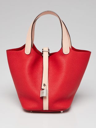 18cm Bi-Color Rouge Tomate/Rose Elegante Clemence Leather Palladium Plated Picotin Lock Bag