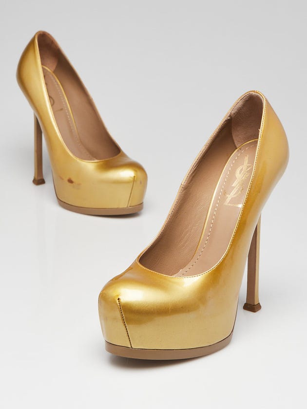 Yves Saint Laurent Gold Patent Leather Tribtoo Platform Pumps Size 5.5/36