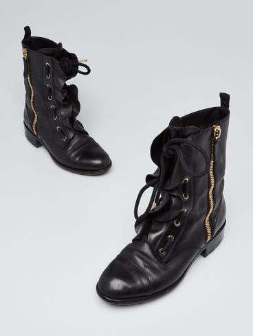 Valentino Black Leather Ruffle Combat Boots Size 5.5/36