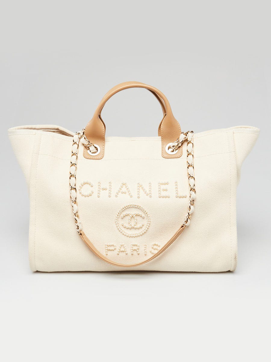 Chanel Light Beige Canvas Pearl Deauville Large Shopping Tote Bag