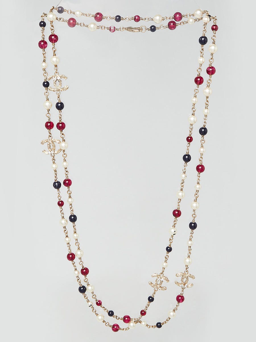 Chanel Red/Blue Beads And Glass Pearl CC Long Necklace