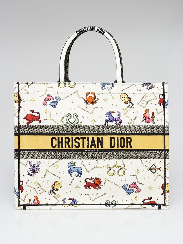 Christian Dior White Multicolor Embroidered Pixel Zodiac Large Book Tote Bag