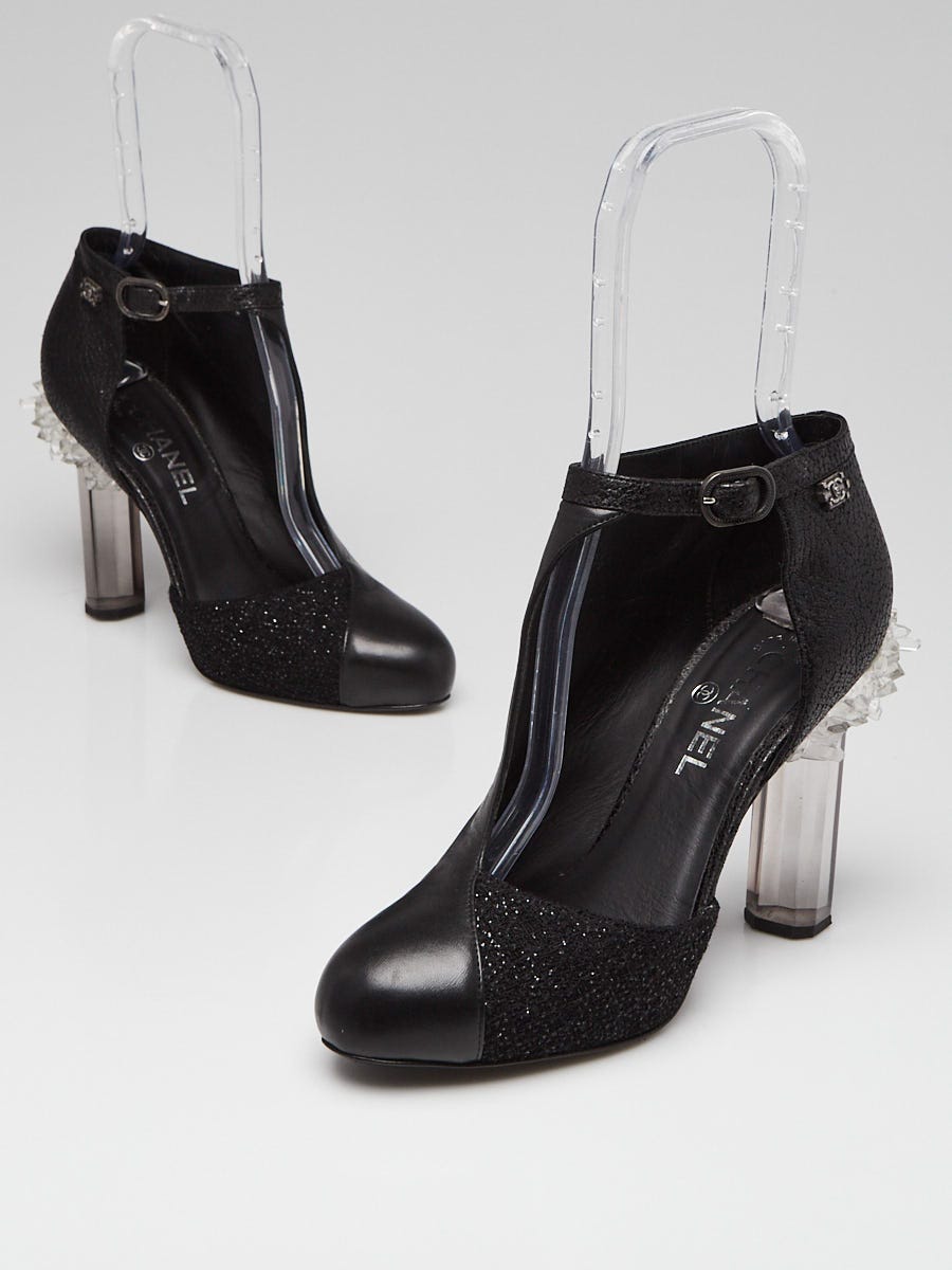 Chanel Black Leather Asymmetrical Ankle Wrap Crystal Pumps SIze