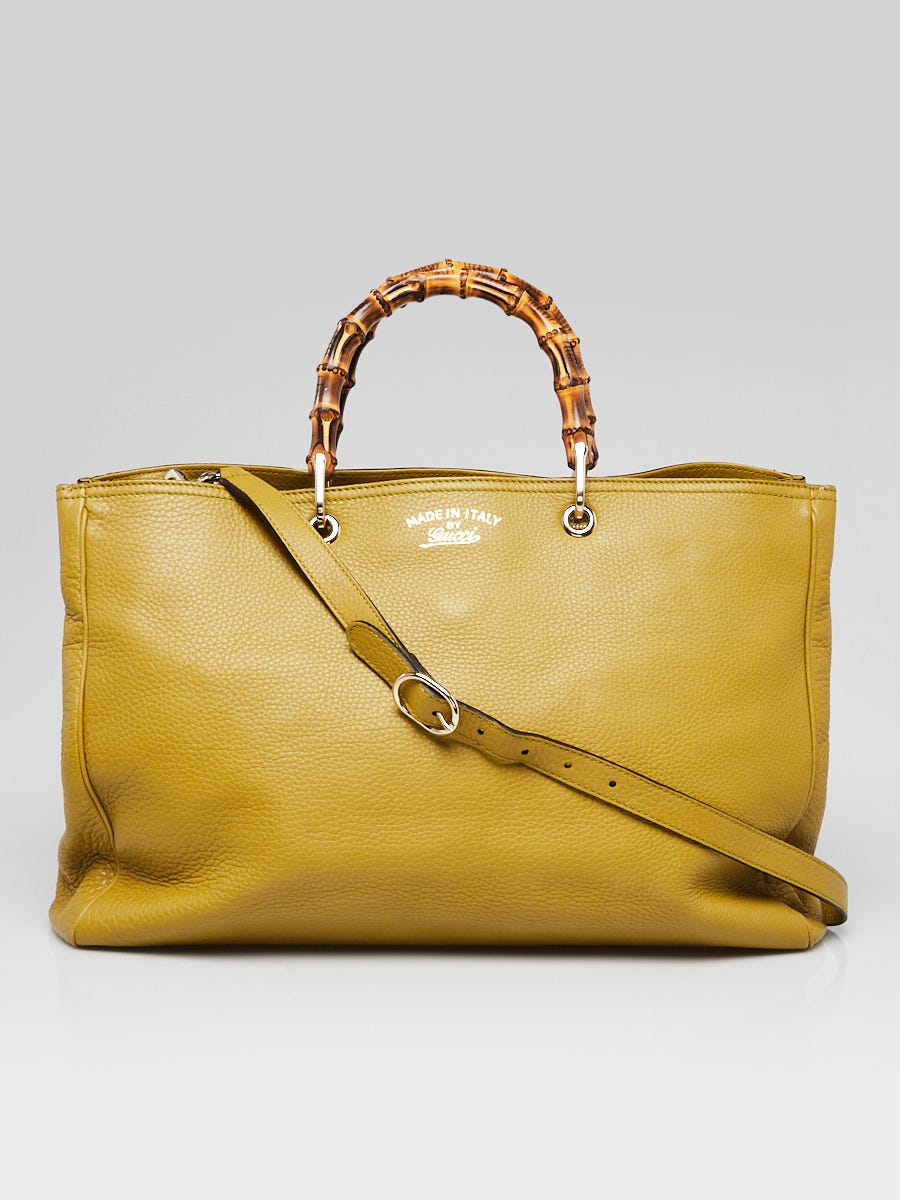 Gucci Green Pebbled Leather Bamboo Top Handle Large Tote Bag Yoogi's