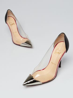 Christian Louboutin White/Black Leather and PVC Chouette Pumps
