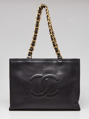 Black Lambskin Leather CC XL Shopping Tote Bag