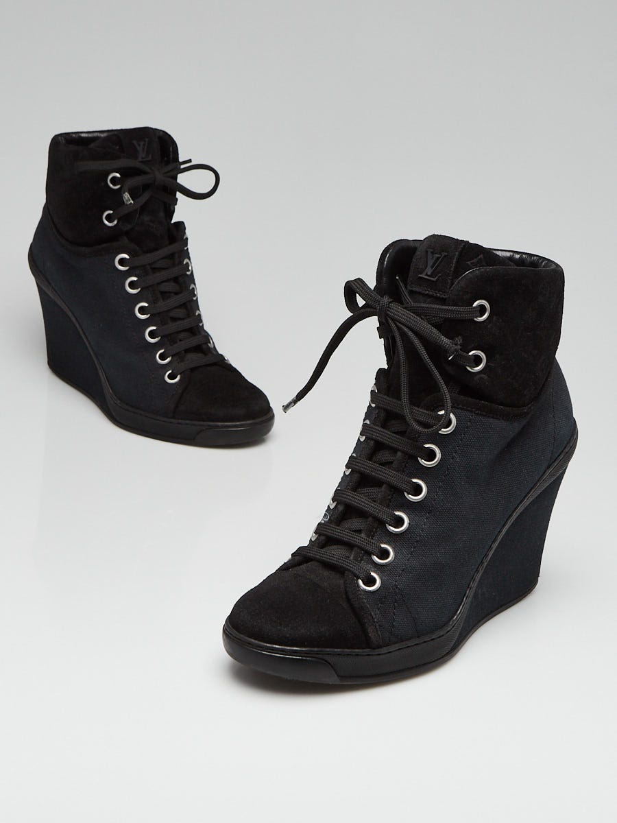 Louis Vuitton Black Suede and Monogram Fabric Wedge Ankle Boots