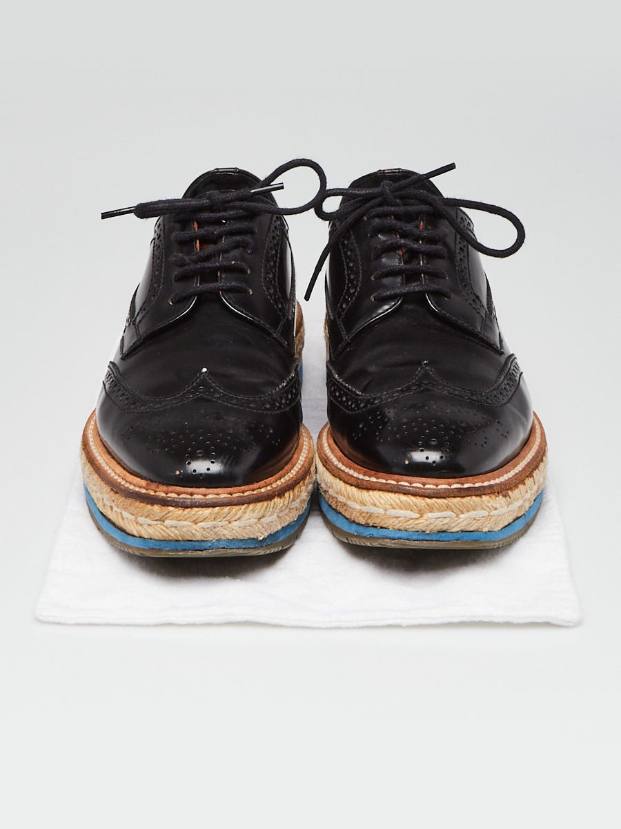 Prada Black Leather Wingtip Brogue Platform Derby Shoes Size