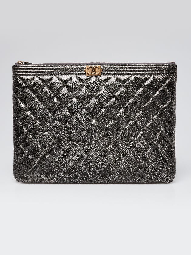 Chanel Metallic Silver Quilted Leather Boy Medium O-Case Zip Pouch