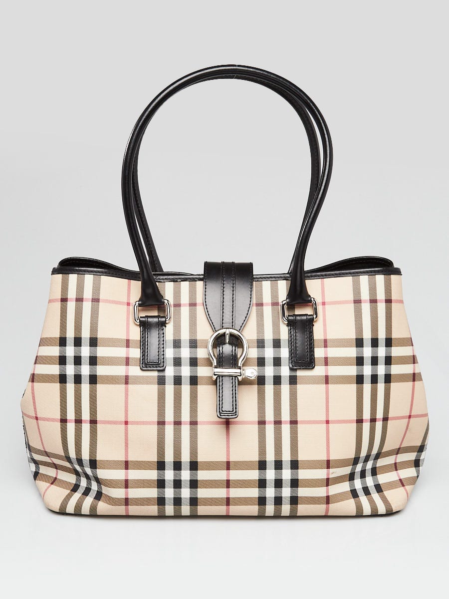 BURBERRY Leather-trimmed checked coated-canvas tote