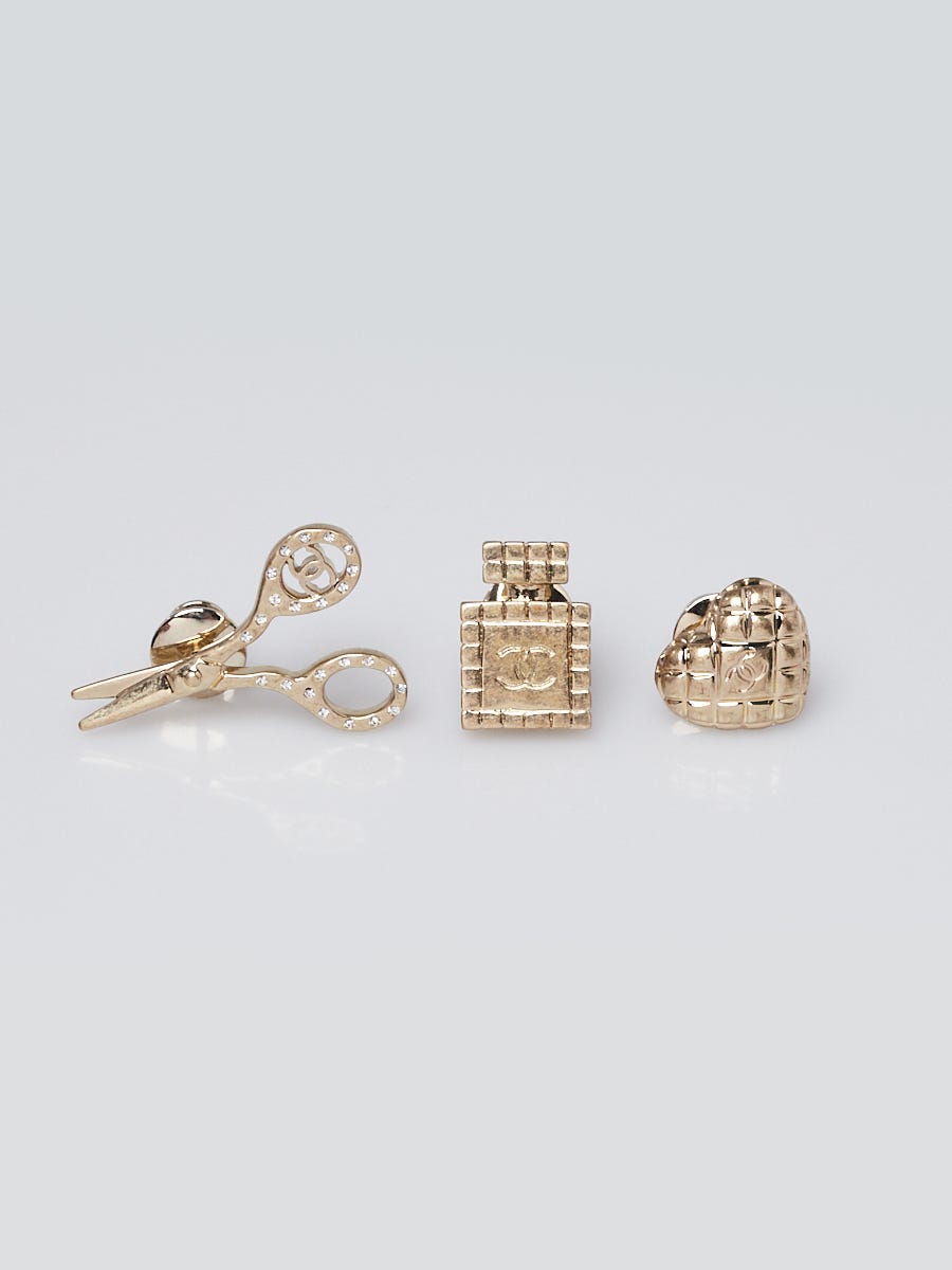 Chanel Gold Metal Strass Crystal Quilted CC Heart Scissors Perfume Brooch  Set - Yoogi's Closet