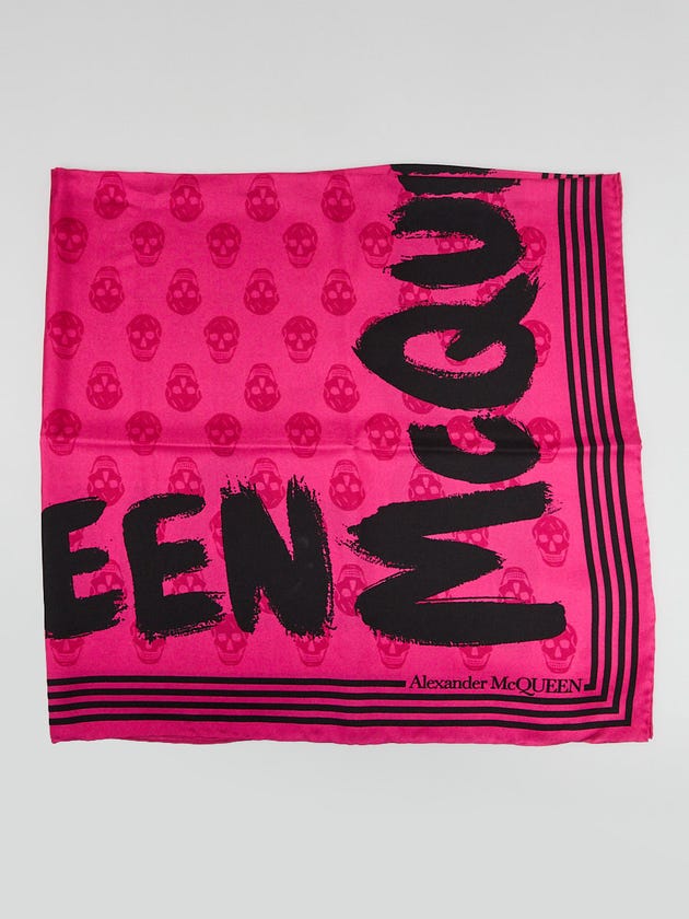 Alexander McQueen Pink/Black Silk Graffiti Skull Square Scarf