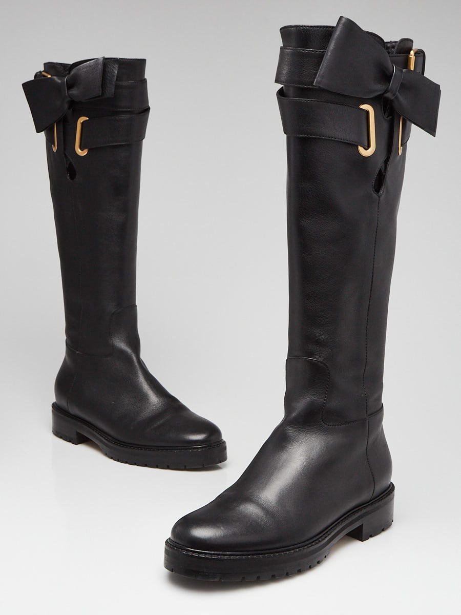 tjære Abundantly følelse Valentino Black Leather Knee High Bow Boots Size 6/36.5 - Yoogi's Closet