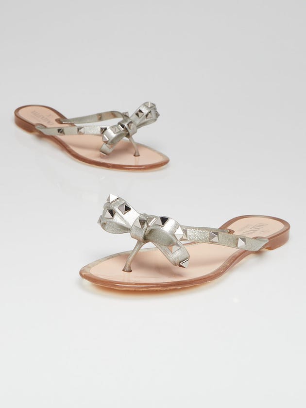 Valentino Silver Glitter Rubber Jelly Studded Bow Thong Sandals Size 5.5/36