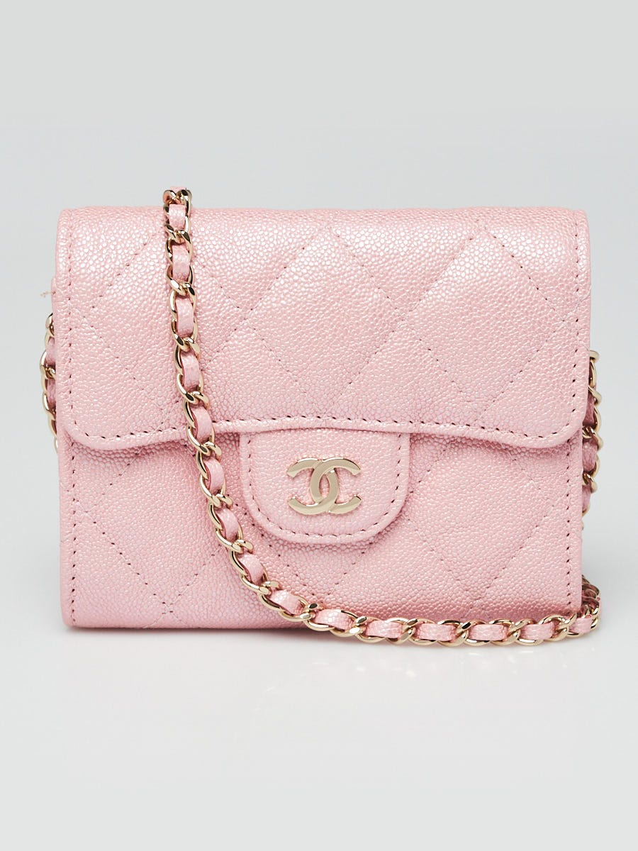 Chanel Pink Quilted Iridescent Caviar Leather Card Holder on Chain