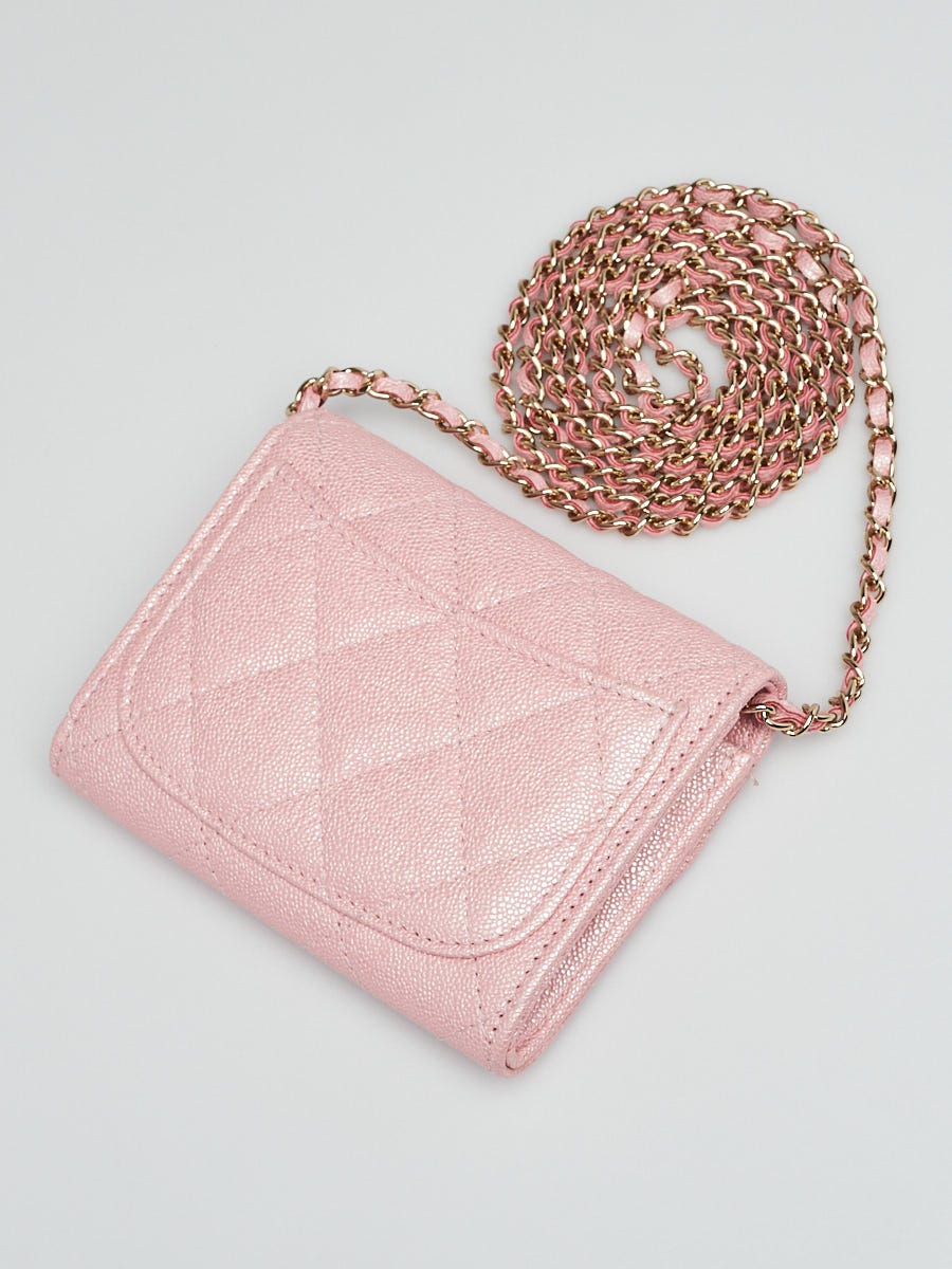 Chanel Pink Quilted Iridescent Caviar Leather Card Holder on Chain Bag -  Yoogi's Closet