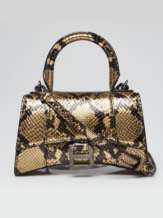 Balenciaga Black/Gold Metallic Faux Python Leather Hourglass XS Top Handle Bag
