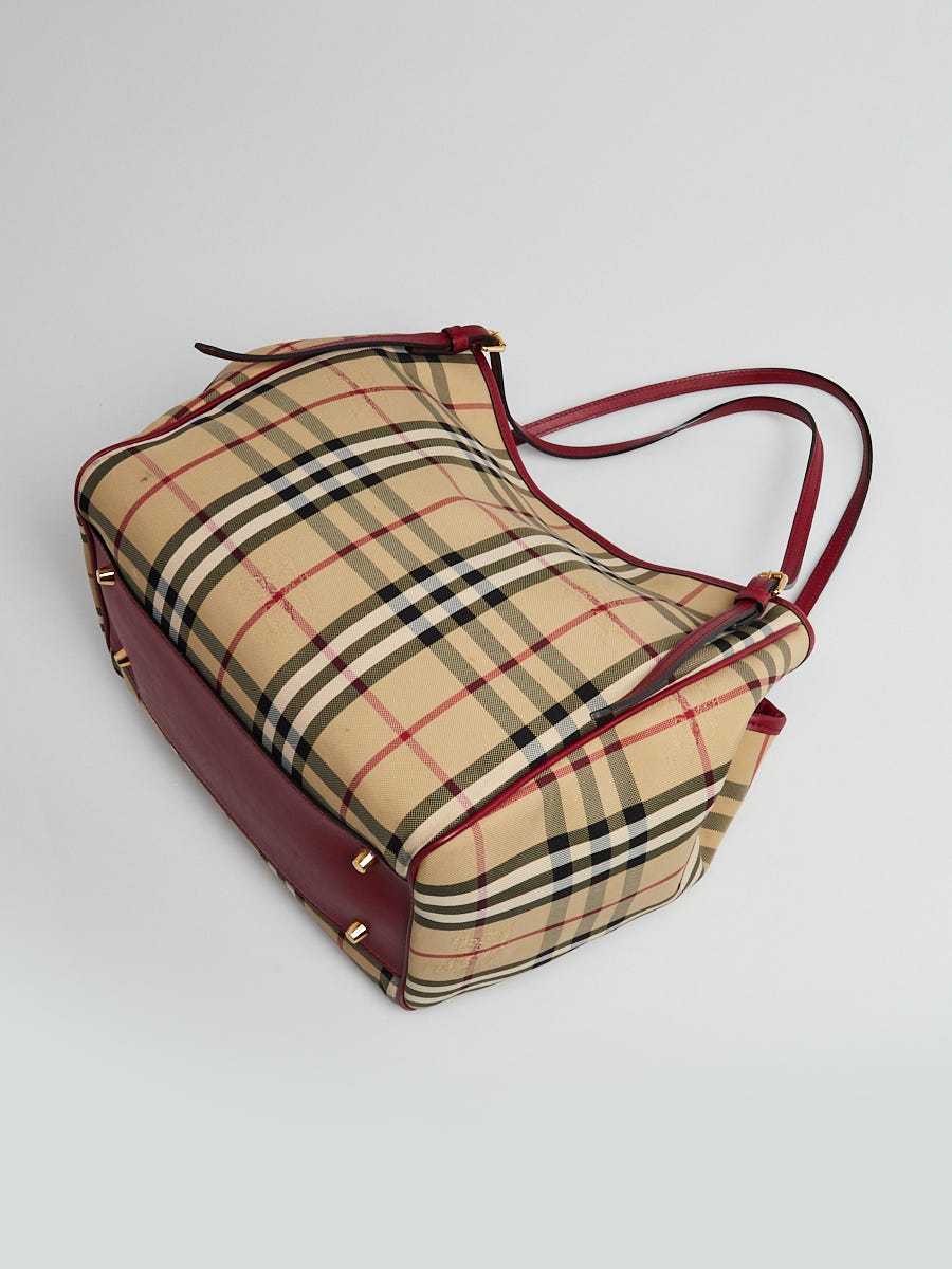 Burberry Dark Red/Beige House Check Canvas and Leather Small Canterbury Tote  Burberry