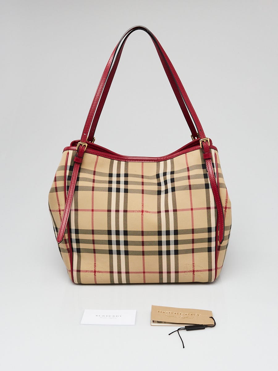 Burberry Dark Red/Beige House Check Canvas and Leather Small Canterbury Tote  Burberry