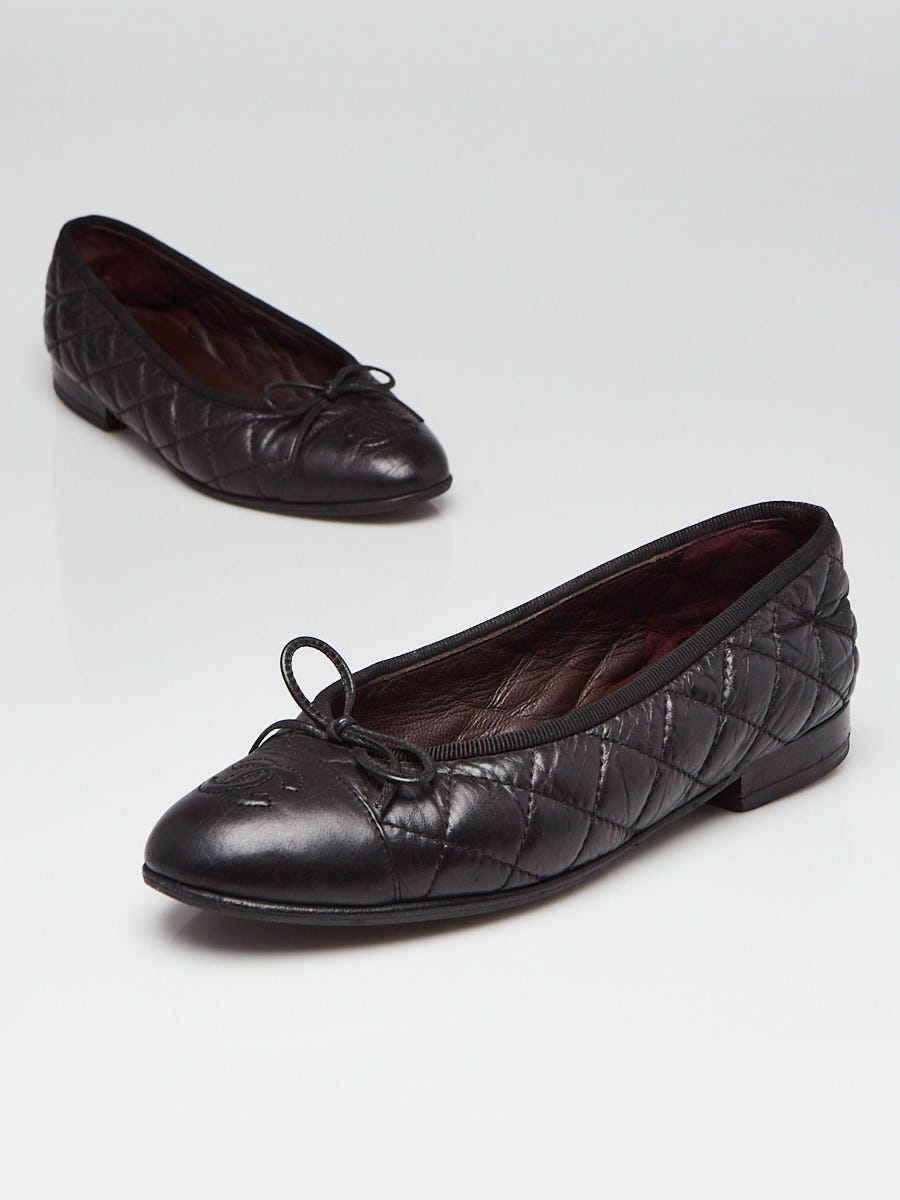 Chanel Navy Blue Quilted Patent Leather CC Cap Toe Ballet Flats Size 5.5/36  - Yoogi's Closet